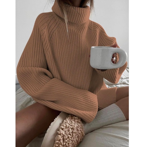 Oversized Chunky Turtleneck Knit Sweater in Brown - Picture 3 of 8